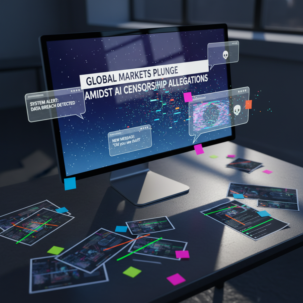 A razor-sharp, ultra-detailed close-up of a glossy computer monitor showing a frozen news headline, with multiple overlapping translucent notification windows and chat bubbles bursting outward from the screen. The monitor sits on a dark, matte metal desk scattered with printed screenshots, each slightly curled at the edges and marked with neon sticky tabs and highlighter strokes. Cool, high-contrast studio lighting rakes across the screen, making the pixels and reflections pop while casting dramatic angular shadows on the desk. Shot from a slightly elevated angle with a shallow depth of field, the main screen is in crystal-clear focus while the paper chaos fades into a soft bokeh. The mood is bold, urgent, and hyper-digital, in crisp photographic realism.