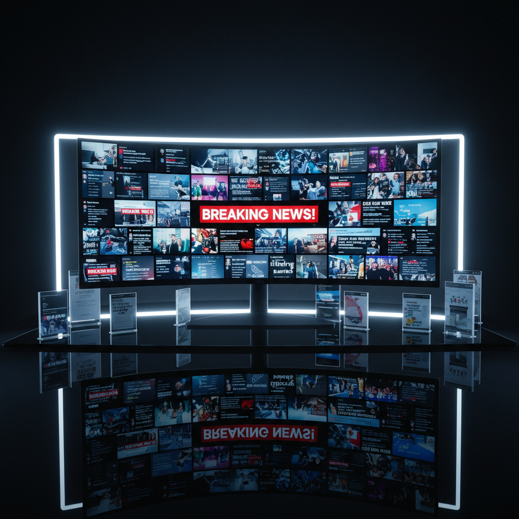 A wide, cinematic shot of a sleek, frameless ultra-wide monitor suspended above a black glass desk, displaying a collage of captured news feeds, social timelines, and bold red “BREAKING” banners, all arranged like tiles of a control center. Around the monitor, transparent acrylic stands hold printed screenshots like physical tiles, each with razor-sharp detail. A single intense white LED strip runs behind the desk, creating a stark halo and crisp rim light on the monitor’s edge while the rest of the room falls into moody darkness. The atmosphere is high-tech and slightly tense, with cool blue and white tones dominating. Photographic realism, shot at eye level with a deep depth of field so every headline and reflection feels sharp and confrontational.
